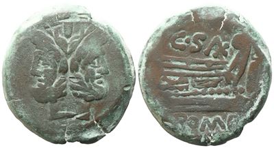 Cluvius Saxula, As, C. 169-158 Bc; Æ (36,44 G; 32,6 MM; 6 H)