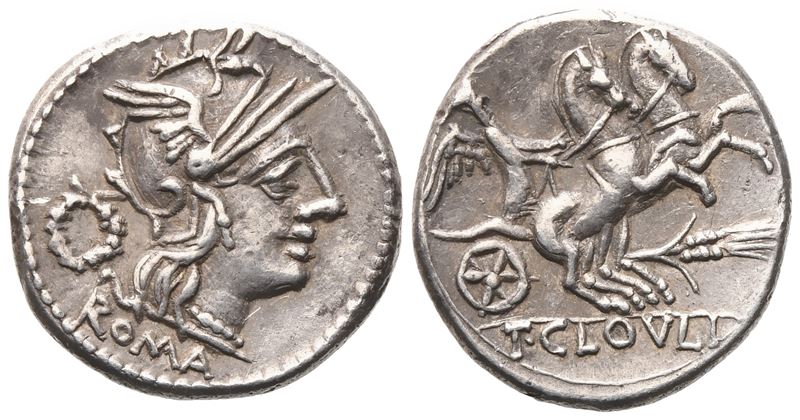 T. Cloulius (or Cloelius), Denarius, 128 BC; AR (3,92 g; 19,4 mm; 3 h)