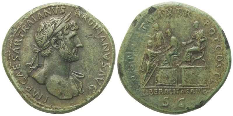Adriano (117-138), Sesterzio (Sestertius), Roma (118), Æ con Liberalitas e distribuzione