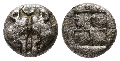Lesbos, Unattributed Early Mint, C. 500-450 Bc. Bi Obol (10 MM, 1.12 G).