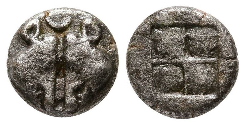 Lesbos, Unattributed Early Mint, C. 500-450 Bc. Bi Obol (10 MM, 1.12 G).