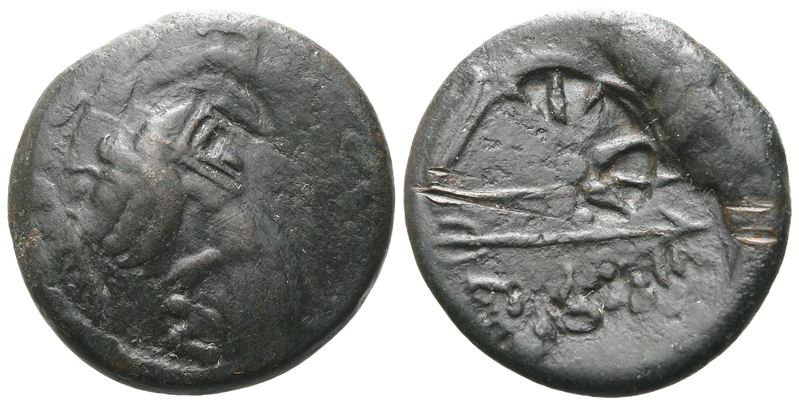 Pan, Testa cimmeria del dio Pan e arco, Æ (Pantikapaion), ca. 304/3-250 a.C. (21 mm, 7,02 g)