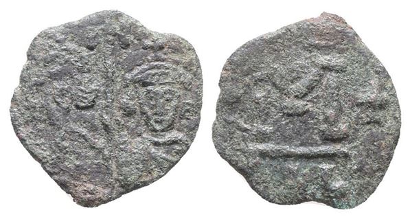 Justinian II with Tiberius (Second reign, 705-711). Æ 40 Nummi (16mm, 1.68g).