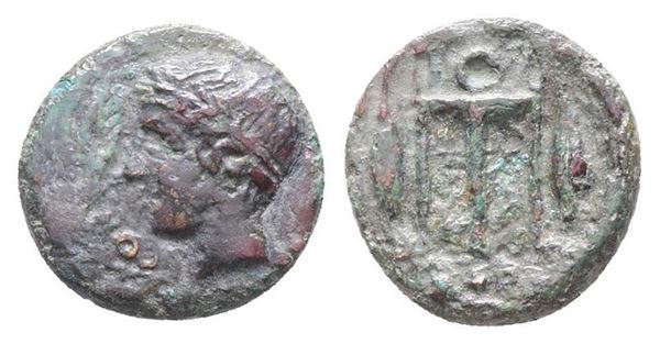 Sicily, Leontinoi, c. 405-402 BC. Æ Tetras (13mm, 1.71g).