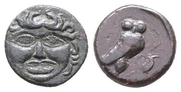 Sicily, Kamarina, c. 420-405 BC. Æ Tetras (15mm, 2.93g).