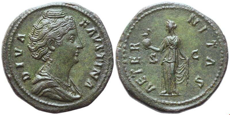 Anonimo romano, Sestertius di Diva Faustina I, con busto diademato e Aeternitas stante, Roma (dop...