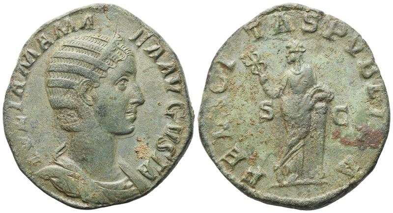 Julia Mamaea, Sesterzio battuto sotto Severo Alessandro (Roma, 228), diademata e busto panneggiat...