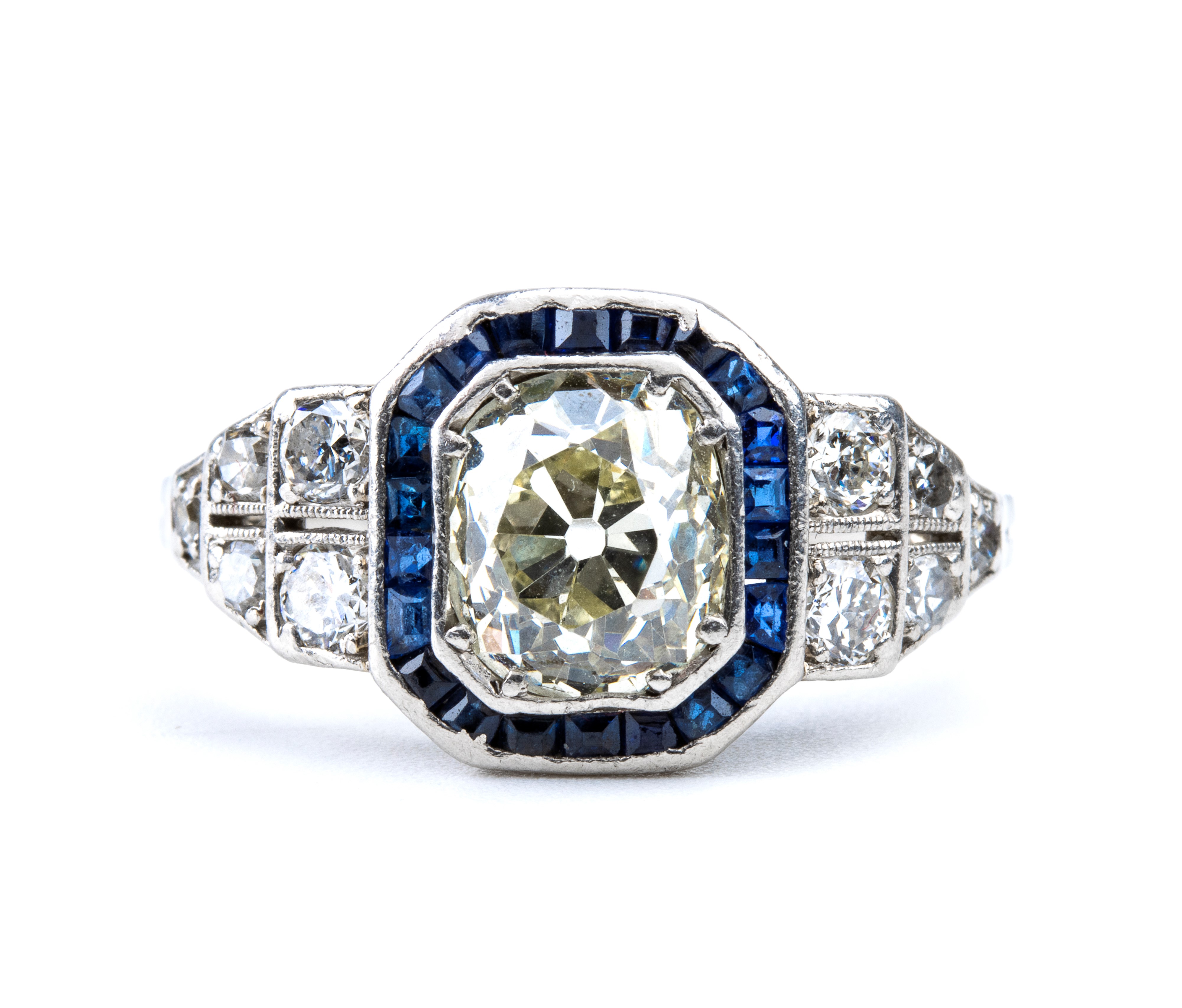 Anello Art Déco in platino con diamante e zaffiri