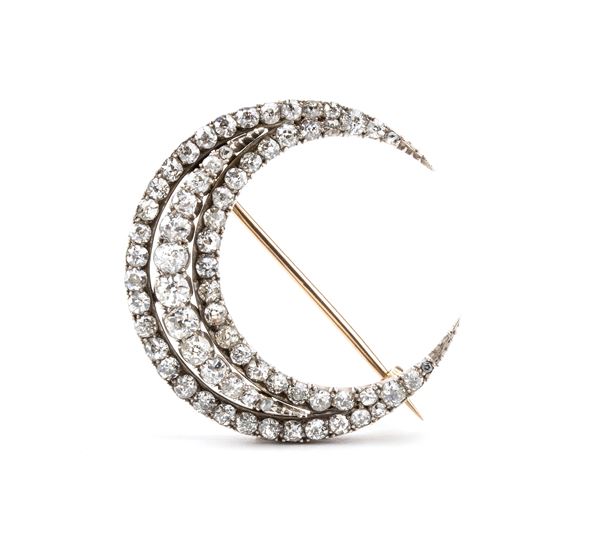 Victorian Diamond Crescent Moon Brooch