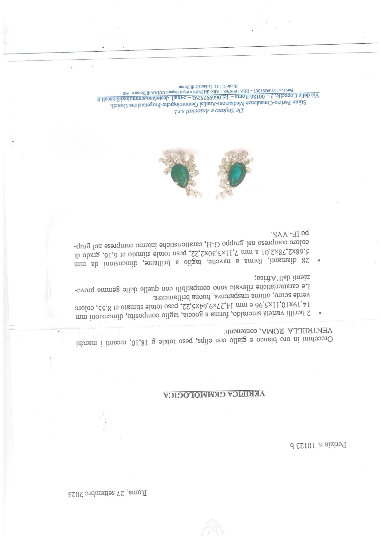 Paio di orecchini in oro, diamanti e smeraldi