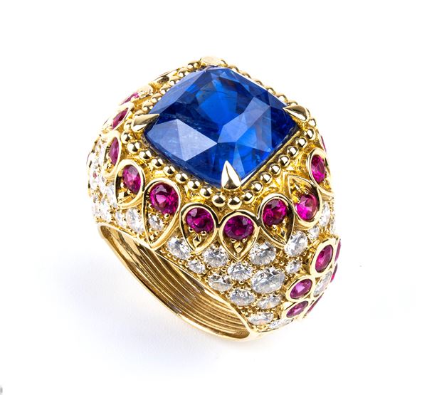 Burma Sapphire (no treated) Diamond and Ruby Dome Cocktail Ring