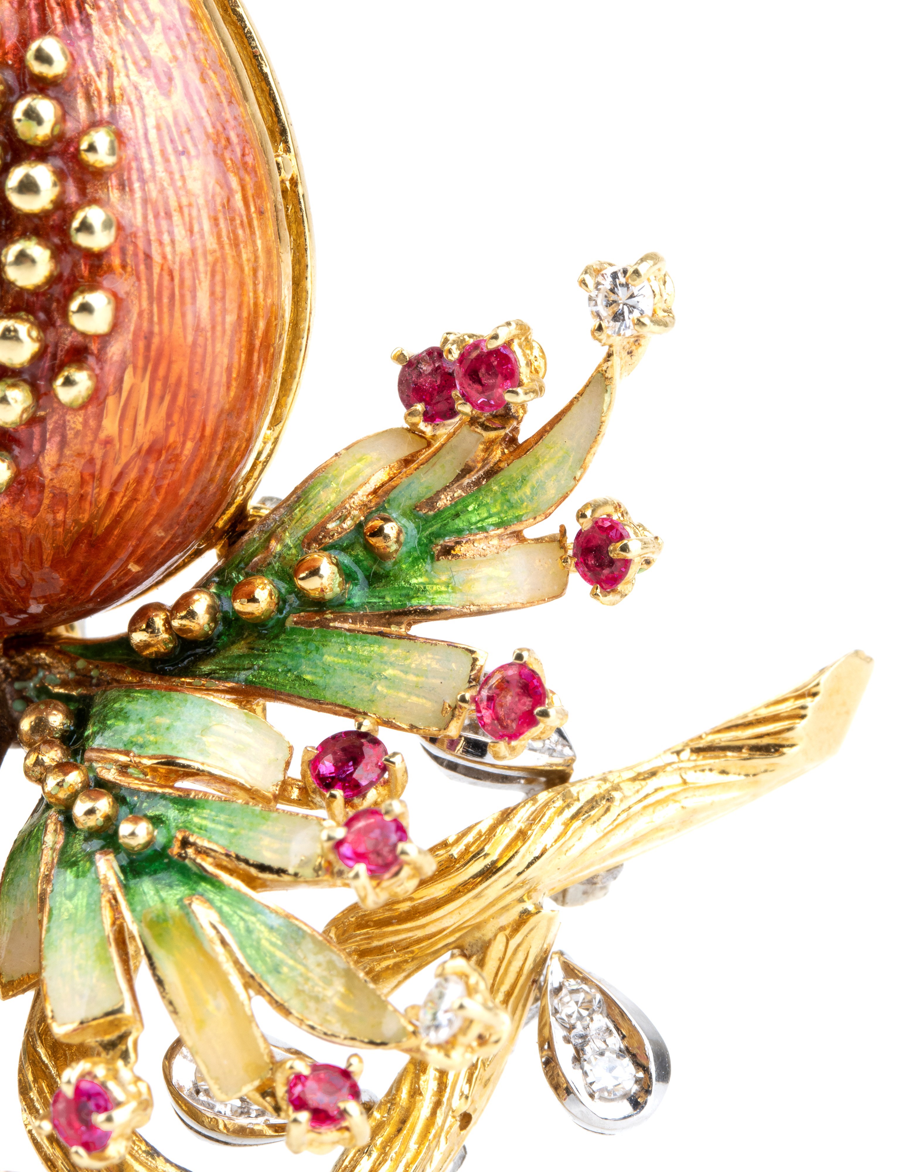 Spilla melograno in oro con smalti, rubini e diamanti