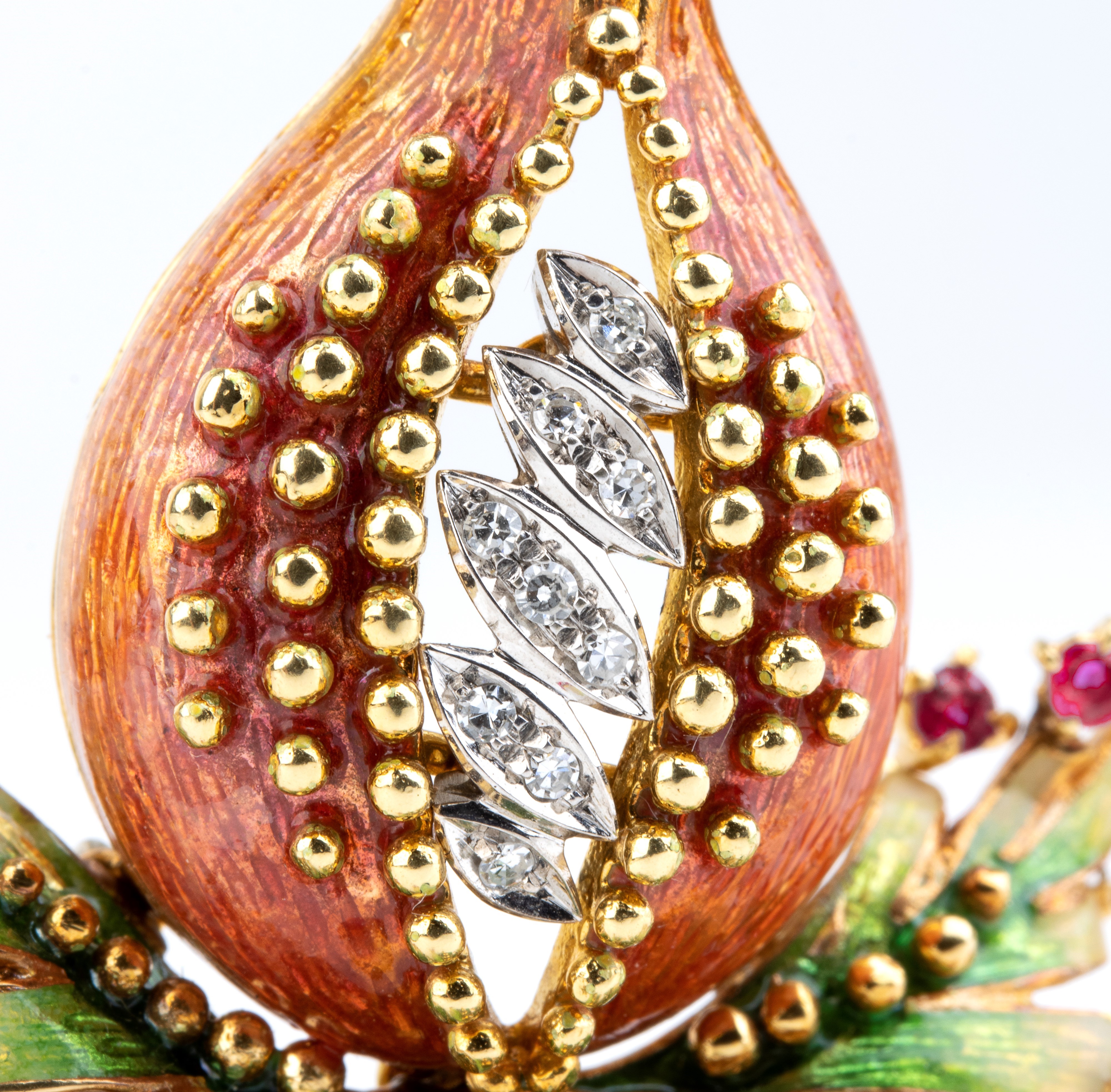 Spilla melograno in oro con smalti, rubini e diamanti