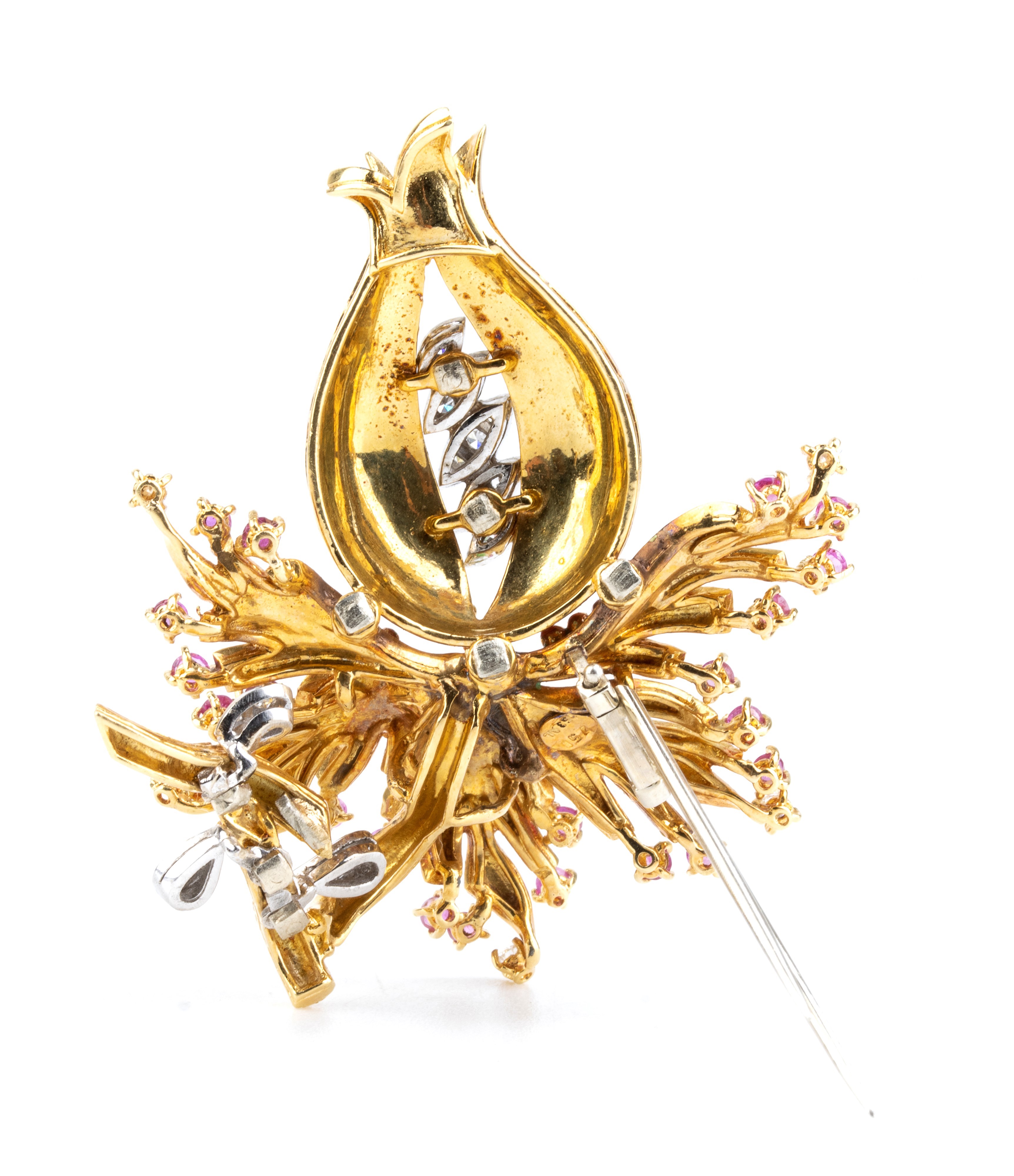 Spilla melograno in oro con smalti, rubini e diamanti