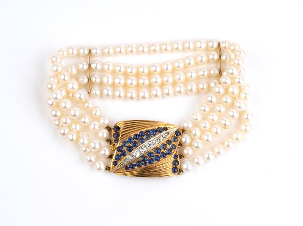 Diamond sapphires pearl gold bracelet 