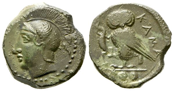 Sicily, Kamarina (c. 420-410 BC), Tetras; Æ (2,70 g; 14 mm)