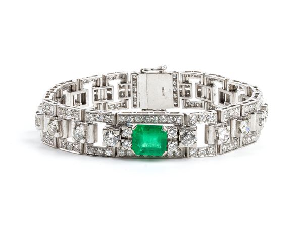 Art Déco emerald diamond platinum bracelet 