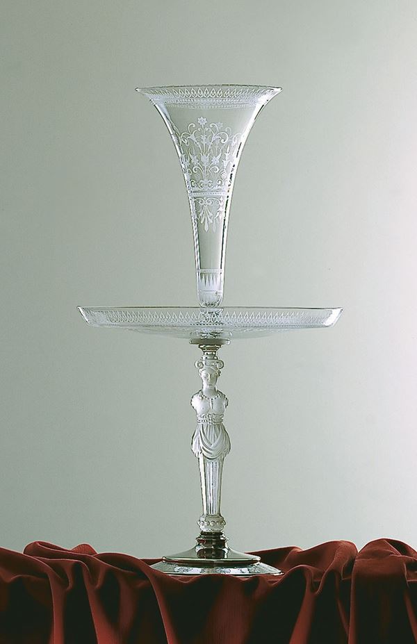 A Baccarat etched crystal and solid silver figural centrepiece