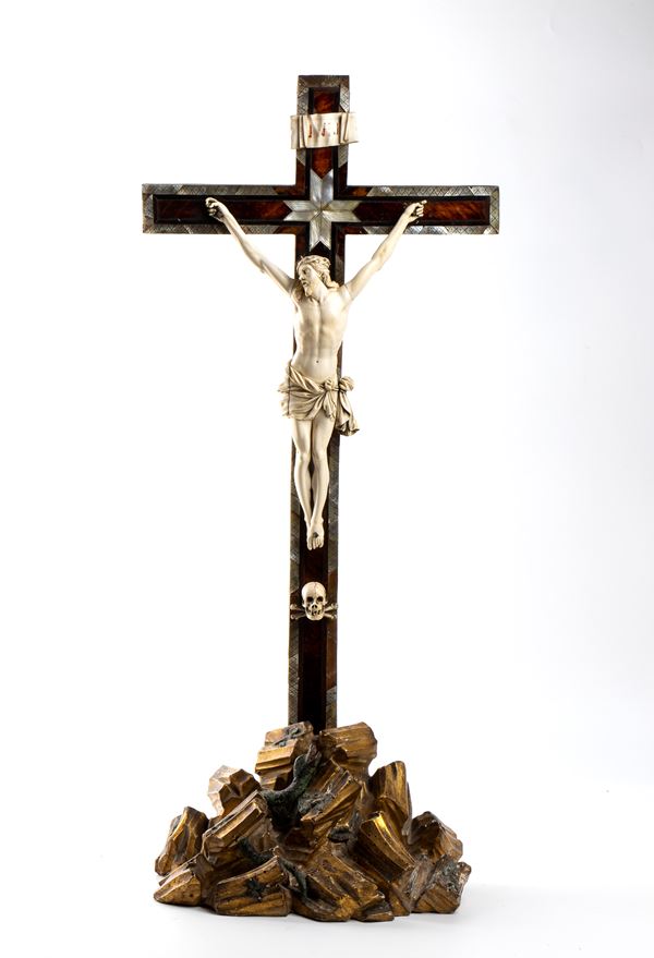 Elephant ivory Crucifix on a tortoiseshell and mother-of-pearl cross