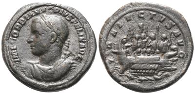 Imperatore Gordiano III (238–244), small medallion—ritratto al D/ e navis (Galera) al R