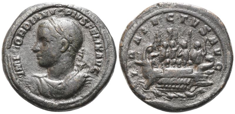 Imperatore Gordiano III (238–244), small medallion—ritratto al D/ e navis (Galera) al R