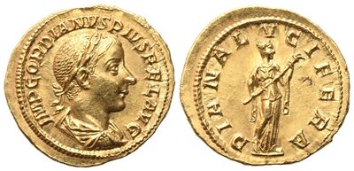 Gordiano III (238–244), Aureo (Roma, 241), busto laureato e cornucopia della Vittoria/DIANA LVCIF...