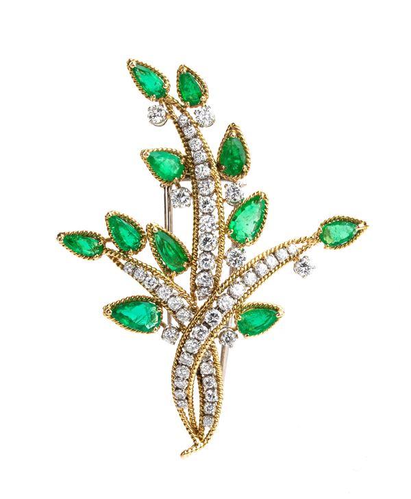 Gold emeralds and diamonds brooch