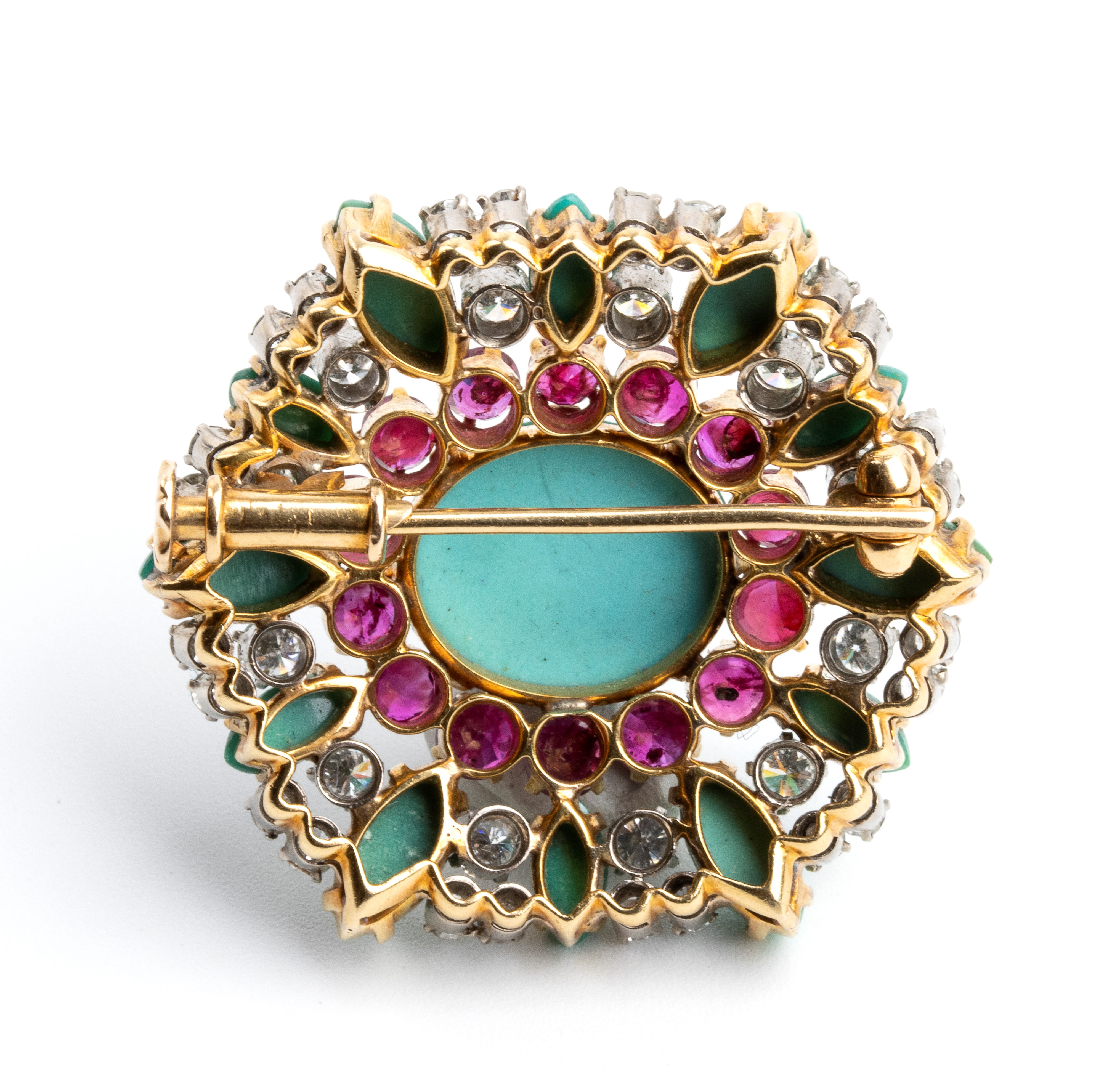 Spilla in oro con turchesi, rubini e diamanti