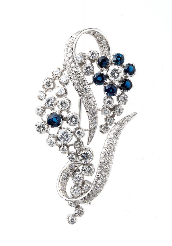 FERDINANDO RETTEGNO - Diamond sapphire ribbon and flower motif gold brooch 