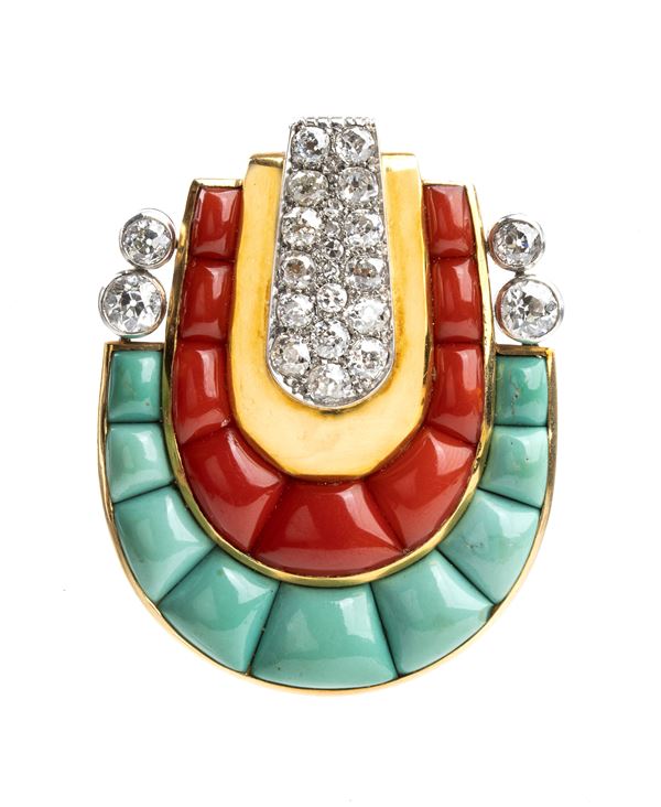 MANNUCCI PAOLUCCI - Diamond turquoise gold brooch