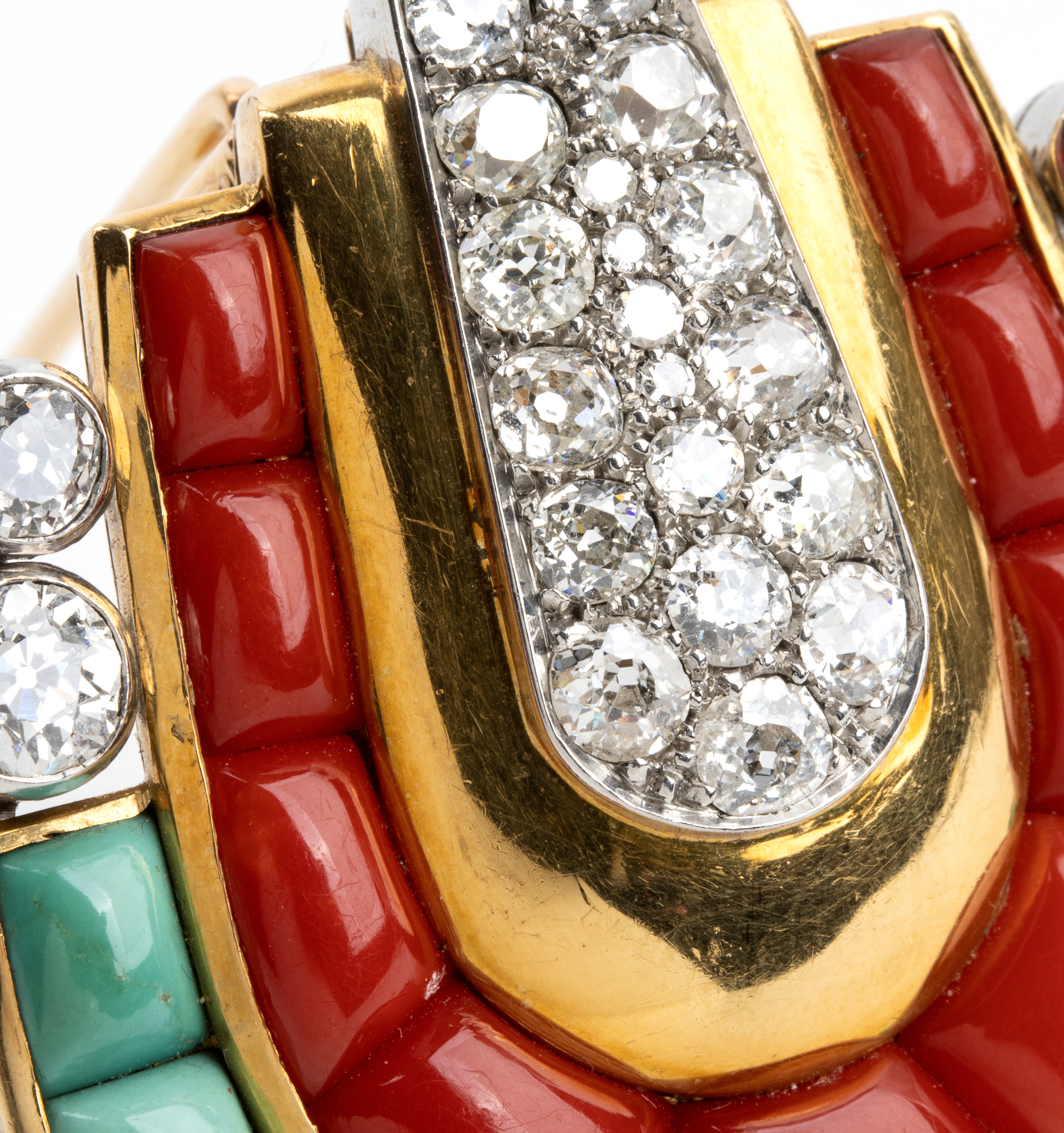 Spilla in oro con diamanti, corallo Mediterraneo e turchese