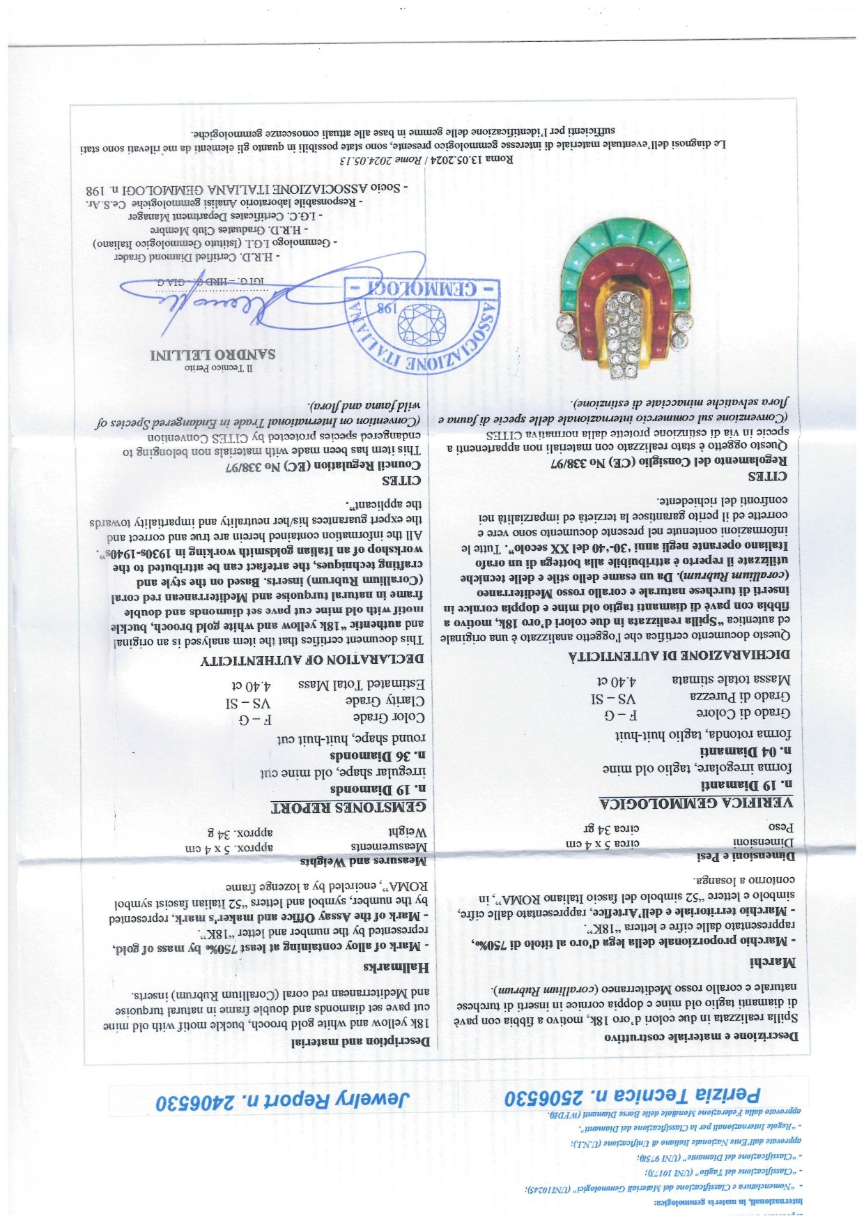 Spilla in oro con diamanti, corallo Mediterraneo e turchese