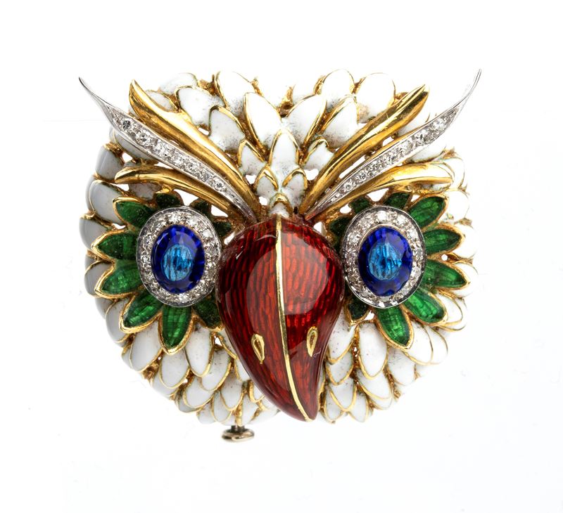 Spilla animalier in oro, diamanti e smalti policromi