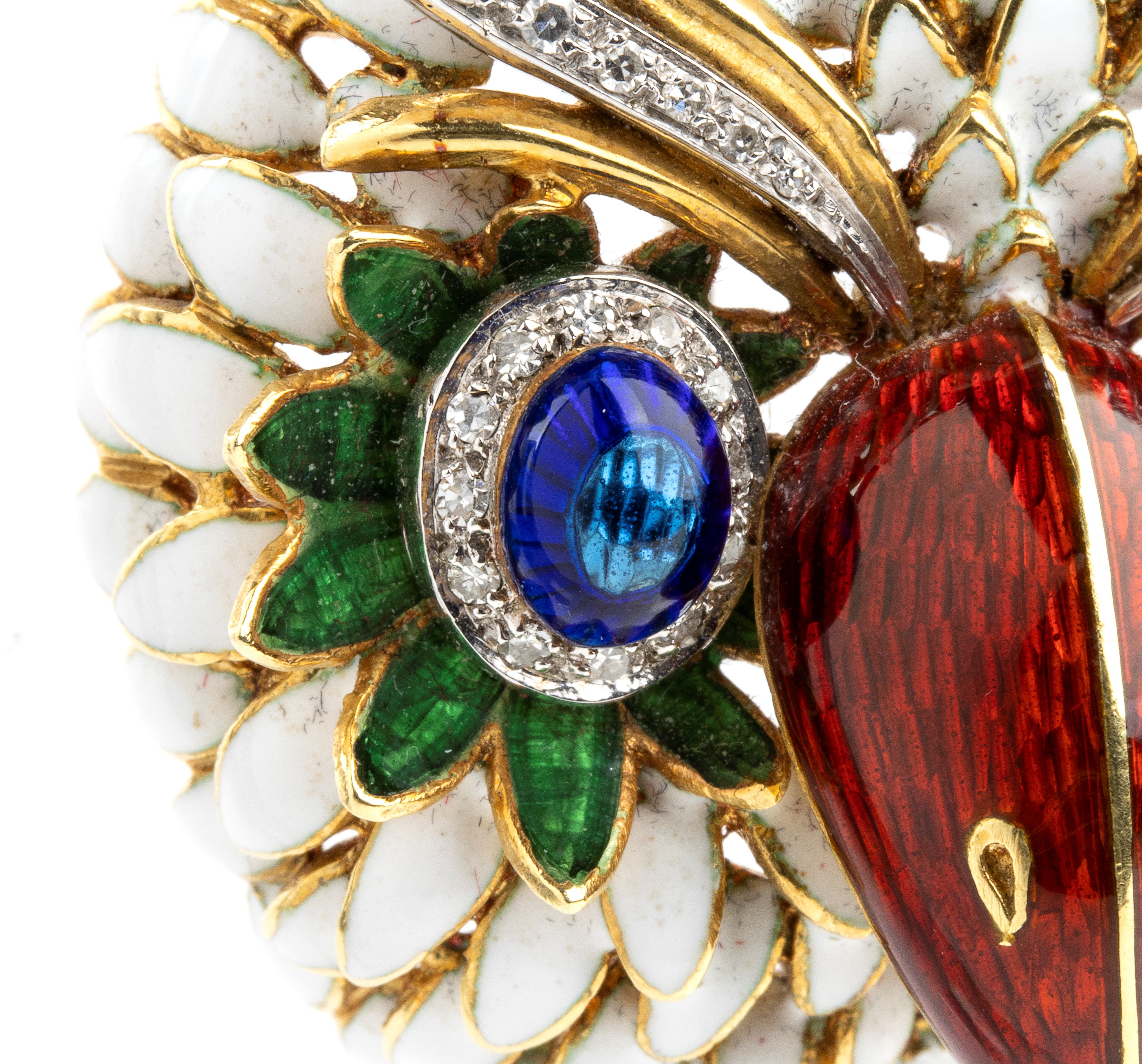 Spilla animalier in oro, diamanti e smalti policromi