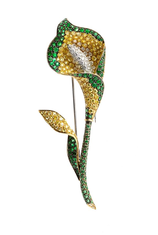 AMBROSI GIOIELLI - Gold emeralds and diamonds brooch