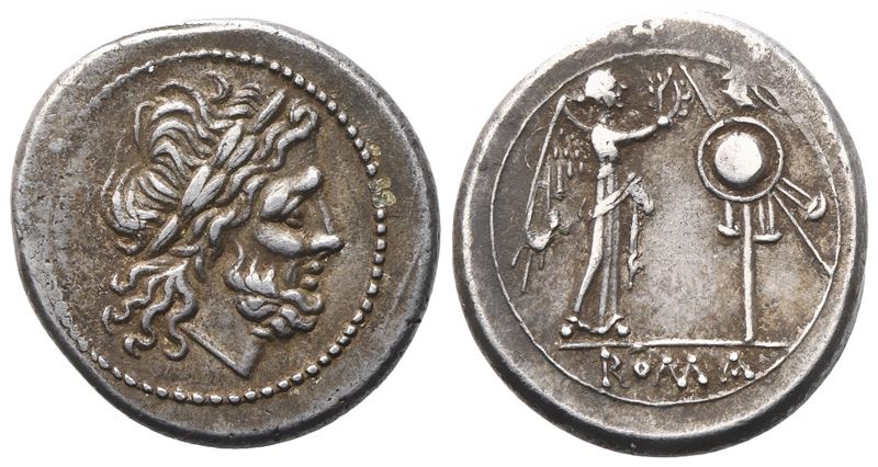 Anonymous, Victoriatus, 208 BC; AR (3,49 g; 17,7 mm; 2 h)