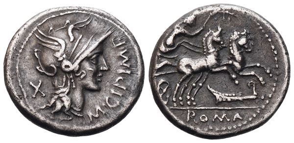 M. Cipius, Denarius, 115-114 BC; AR (3,79 g; 17,6 mm; 6 h)
