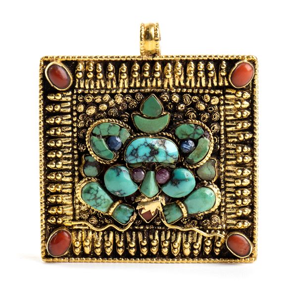 Turquoise and coral inlaid gold pendant