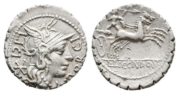 L. Porcius Licinus, Rome, 118 BC. AR Serrate Denarius (20mm, 3.79g).