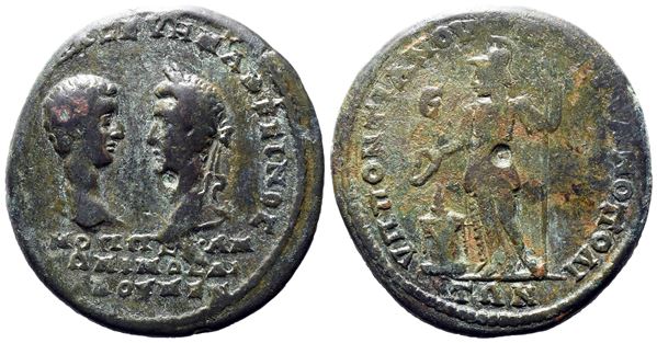 Macrinus with Diadumenian (217-218). Moesia Inferior, Marcianopolis. Æ Pentassarion