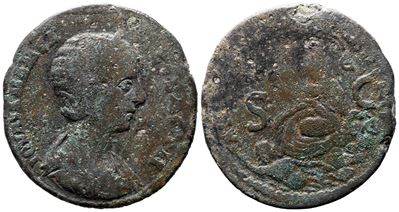 Julia Mamaea (Augusta, 222–235), Antiochia. Æ, busto con diadema e drappeggio; Tyche, Oronte e ar...