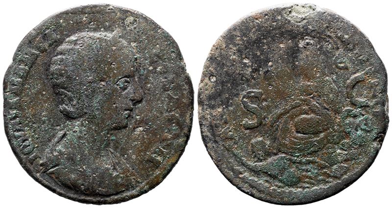 Julia Mamaea (Augusta, 222–235), Antiochia. Æ, busto con diadema e drappeggio; Tyche, Oronte e ar...