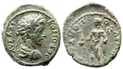 Commodus (177-192), Hadrianopolis in Tracia, follis/Æ con busto laureato e clamide (18 mm)