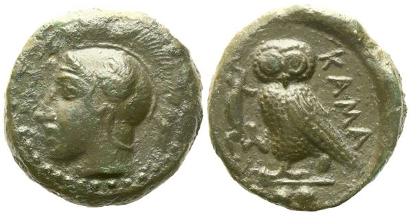 Sicily, Kamarina (c. 410-405 BC), Tetras; Æ (3,26 g; 14,7 mm)