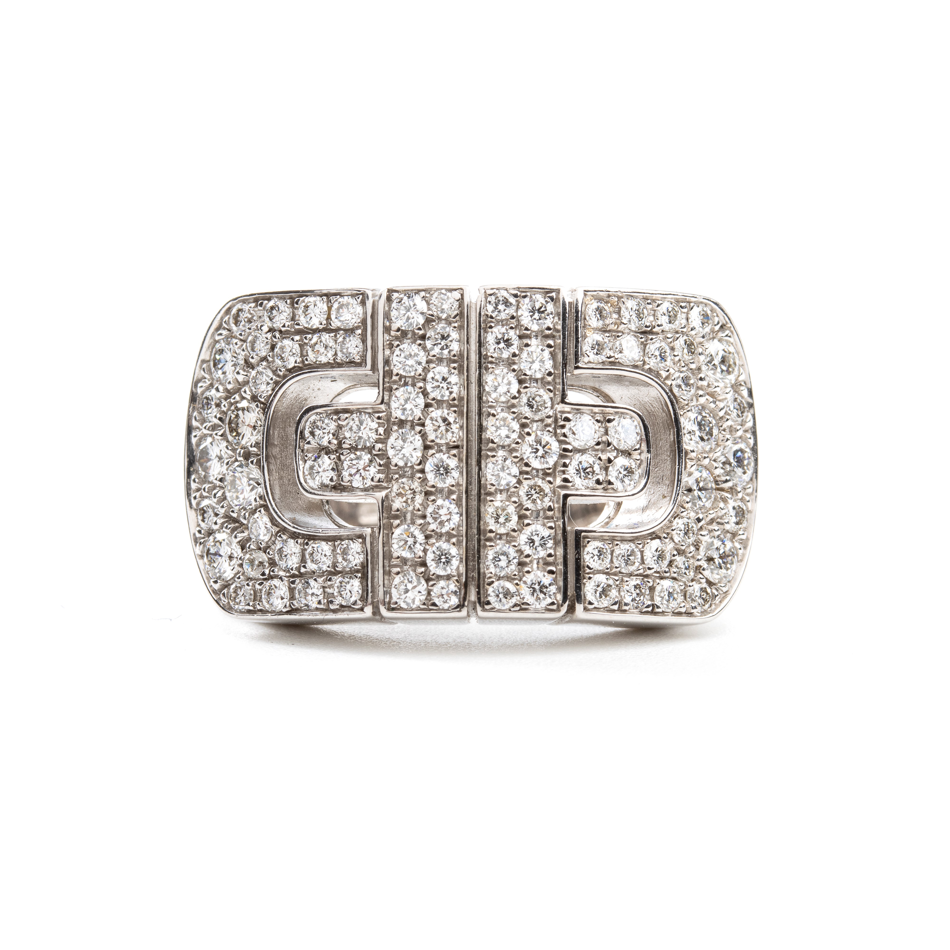 Collezione Parentesi: anello a fascia traforata in oro e diamanti