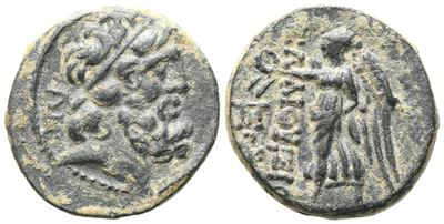 Zeus, Nike e monogrammi, Æ (21 mm), Elaioussa Sebaste (Cilicia) — I secolo a.C.