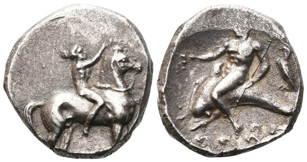 Southern Apulia, Tarentum, c. 332-302 BC. AR Nomos (21 mm, 7.88 g).  - Auction GREEK & ROMAN PROVINCIAL COINS AND NUMISMATIC LITERATURE Including a wide selection of Alexandrian Coins from the Dattari Collection - Bertolami Fine Art - Prague