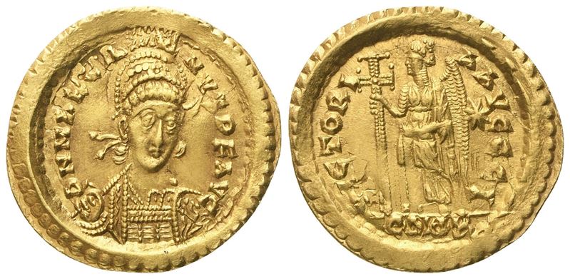 Marciano (450–457), Solidus in oro — rovescio con Vittoria, Constantinopolis