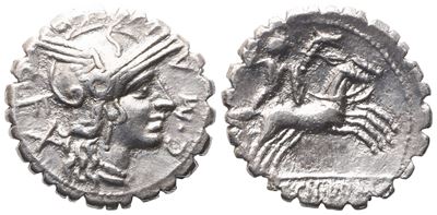 L. Licinius Crassus, Cn. Domitius Ahenobarbus, C. Malleolus, Denarius Serratus, 118 Bc; Ar (3,80 ...