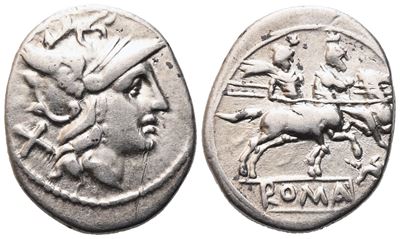 Anonymous, Denarius, Rome, 169-158 Bc; Ar (3,88 G; 19,5 MM; 12 H)